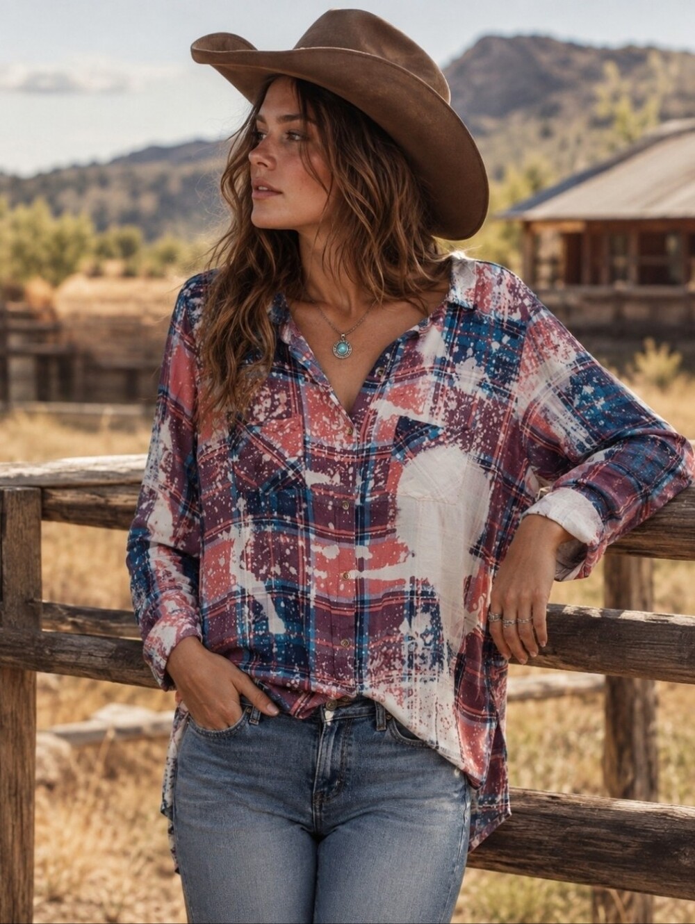 Entro Bleached Plaid Button-Up Rolled Tab Sleeves Shirt in Teal, Rust & Cream L